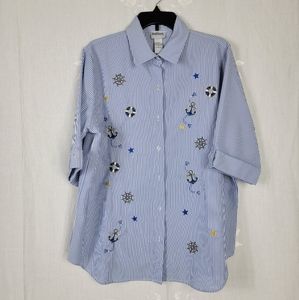 Bon Worth Women's  3/4 Sleeve Shirt  Embroidered Boat Anchor Rudder  Size M